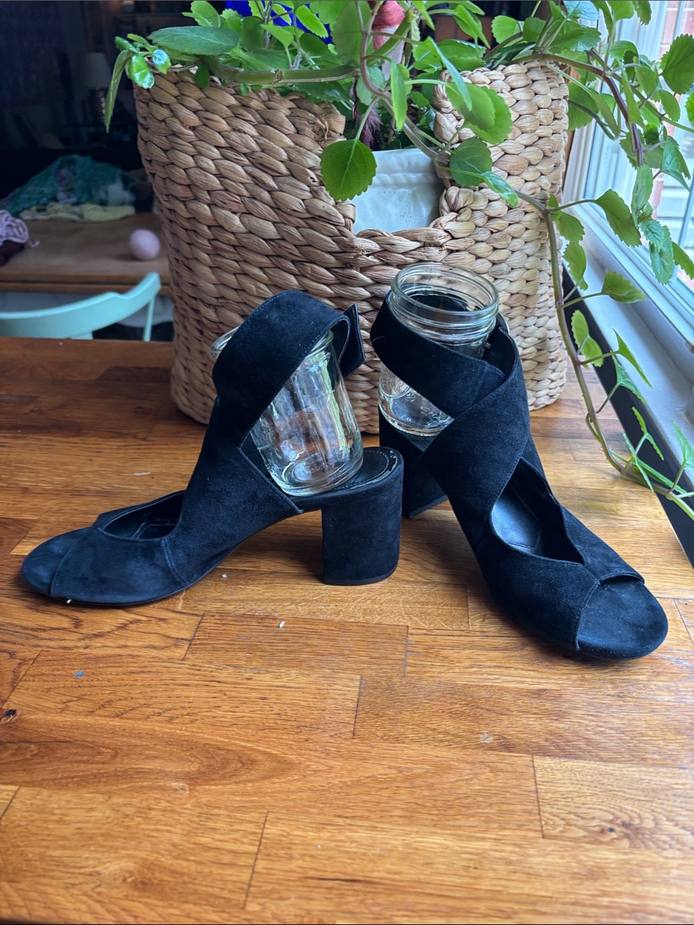 Charles David Black Suede Crisscross Block Heel Sandals